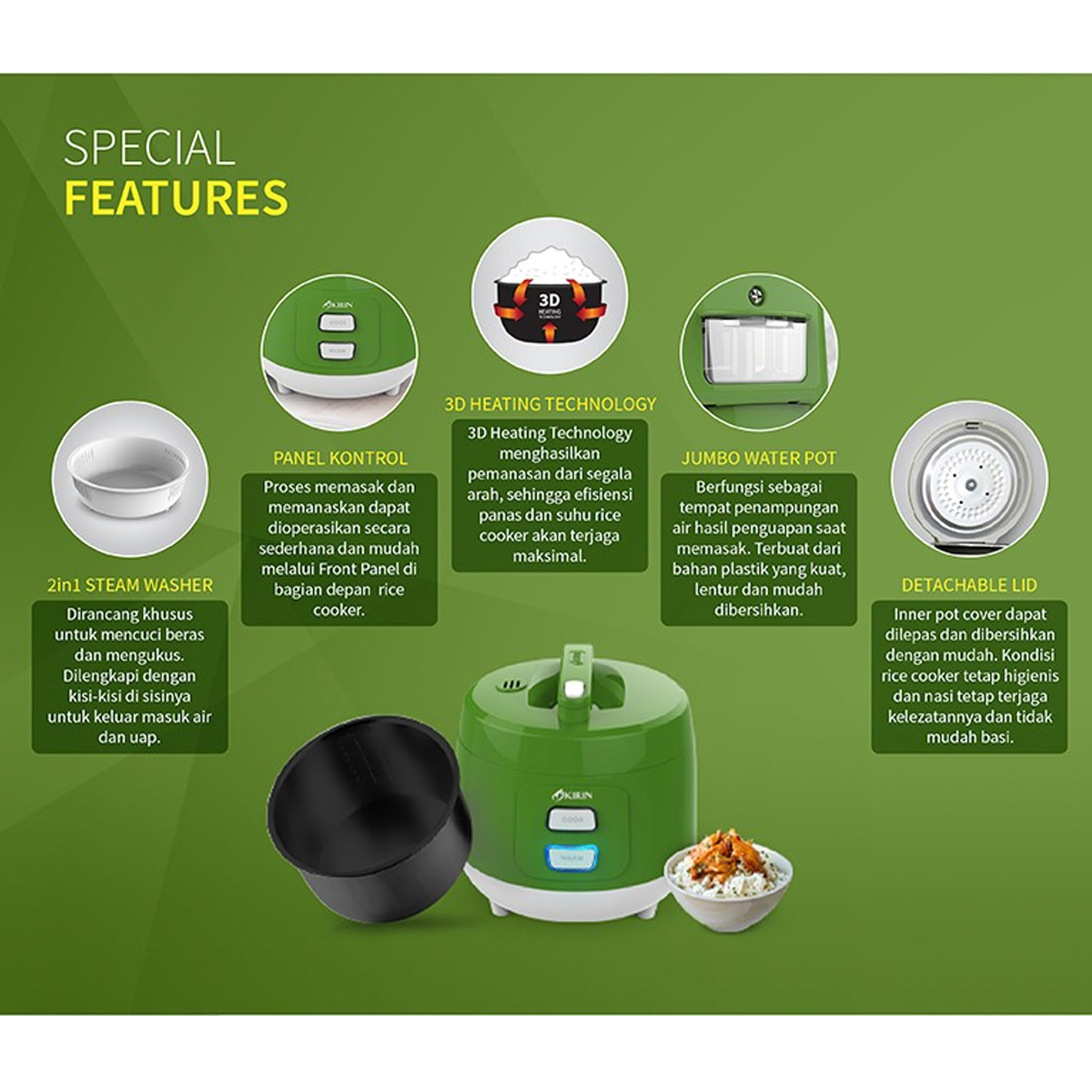 Kirin Rice Cooker 1 Liter - KRC-089 Hijau
